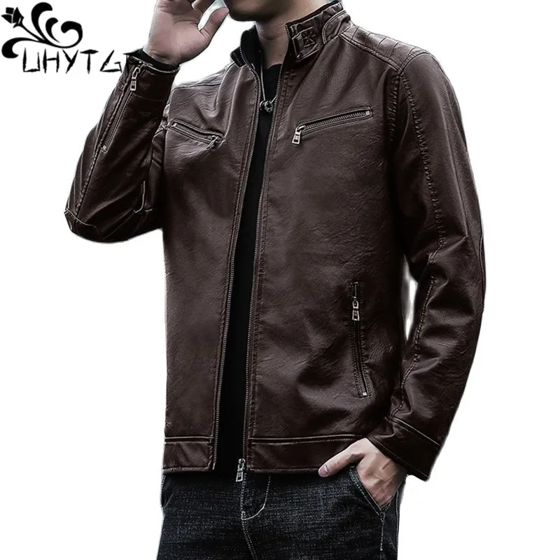 

UHYTGF Spring Autumn Leather Jacket Men Long Sleeve Zipper Quality PU Leather Coat Male Tide Men's Outerwear Veste Homme 5XL 140