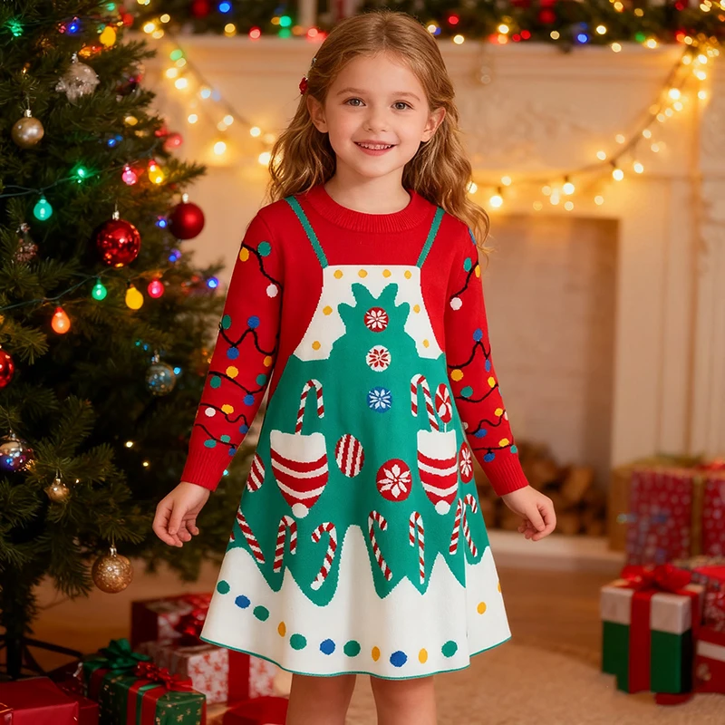 

2-6Yrs Children Party Sweet Clothing Christmas Deer Girls Fashion Autumn Winter Cute Knitted Sweater Christmas Long Sleeve Dress