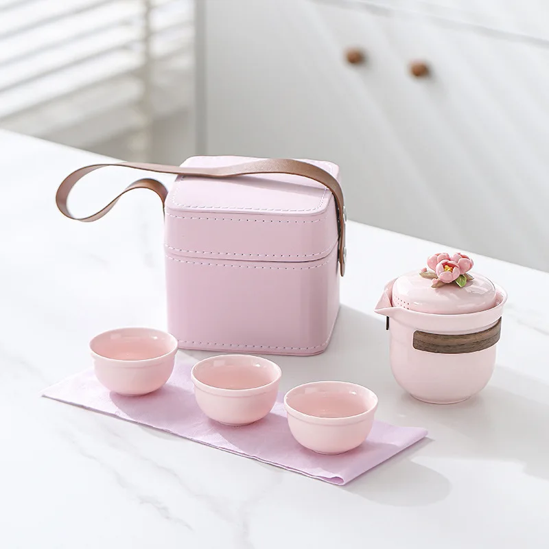 Pink ceramic travel tea set a pot two cups three cups female camping outdoor portable quick cup business gifts