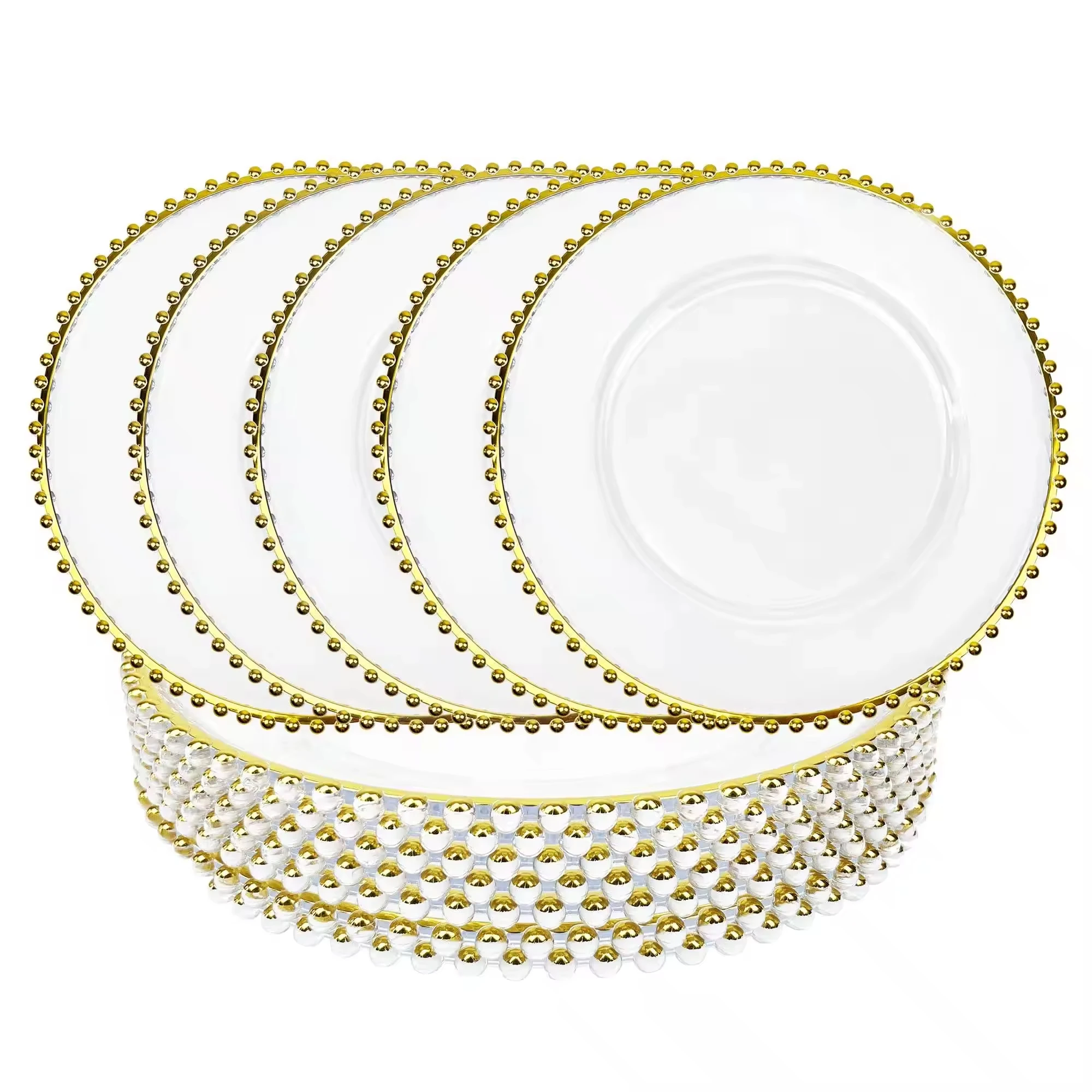 50 pcs price 13 Inch Clear Plastic Charger Plates  Table Dinner Round Charger Plates Gold Beaded Charger Plate 50pcs per package