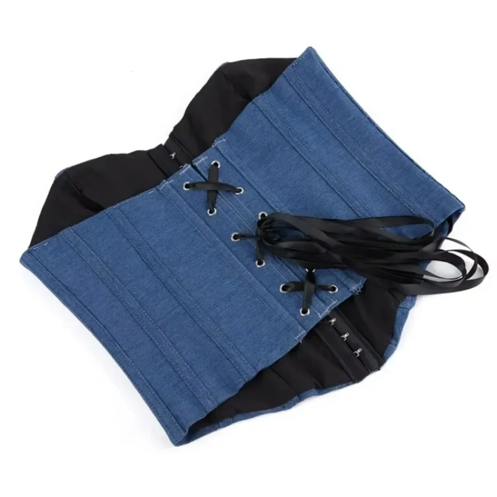 Джинсовый однобортный жилет синего цвета, женский корсет без бретелек и поддержки груди, корректирующие топы в придворном стиле, корсет-бюстье