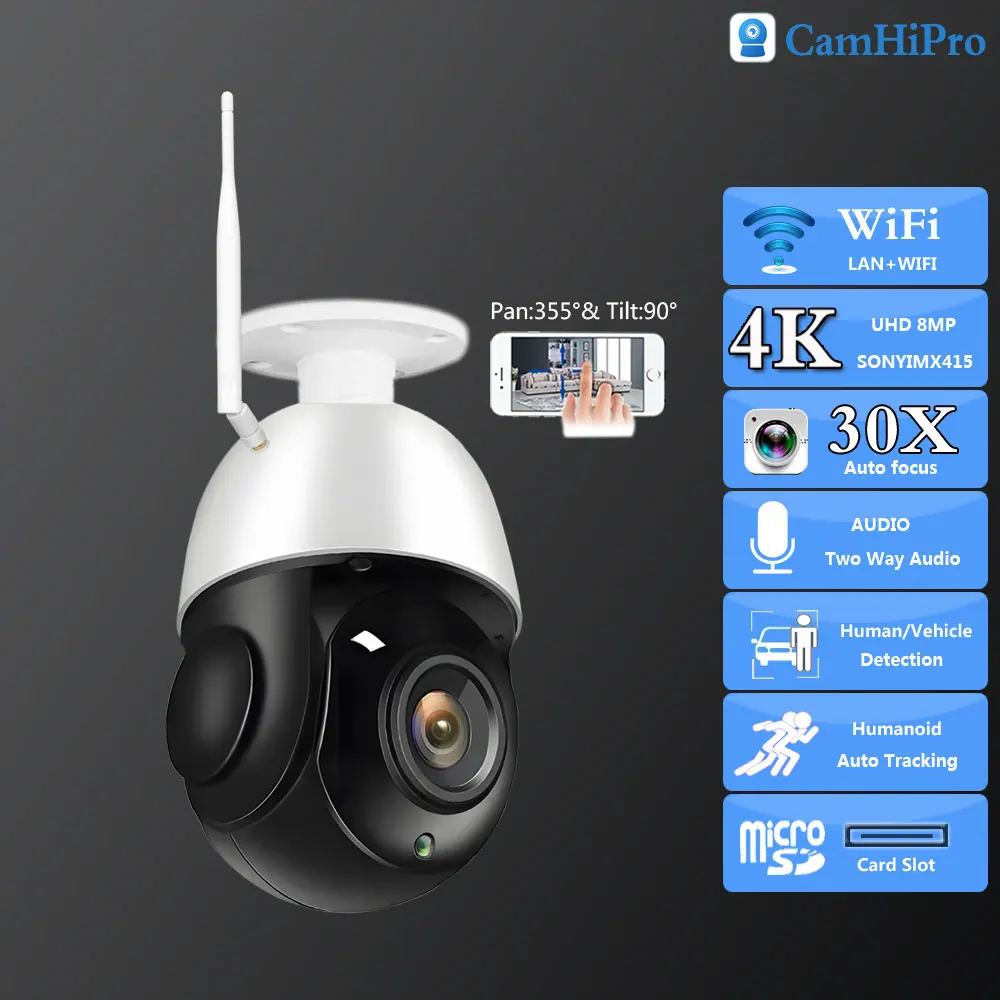 

DB6C 4K 8MP Ceiling bracket Wireless Security Wifi PTZ Dome 30X Zoom Human Alarm Auto Tracking Two Way Audio IR 80M TF Card Slot