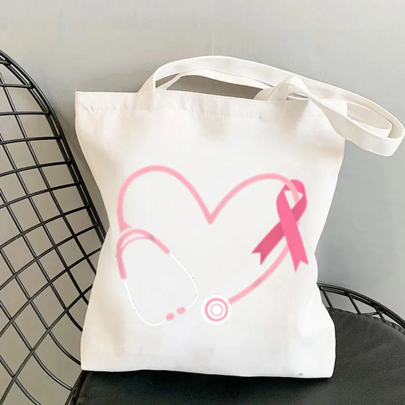 Hot Doctor Nurse Heart Love Pink Ribbon Breast Cancer Awareness Printing Shopping Bag Black White Handbag Tote Fashion Women bag