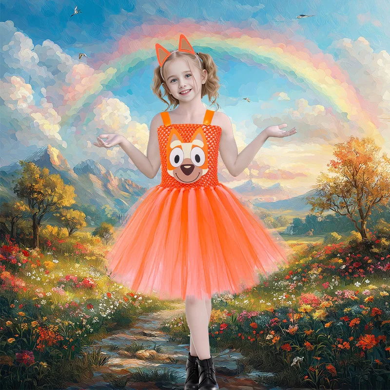 2024 New Bluey Dress Halloween Children\'S Animal Costume Bluey Bingo Same Style Puppy Cosplay Costume Mesh Tutu Skirt Gifts