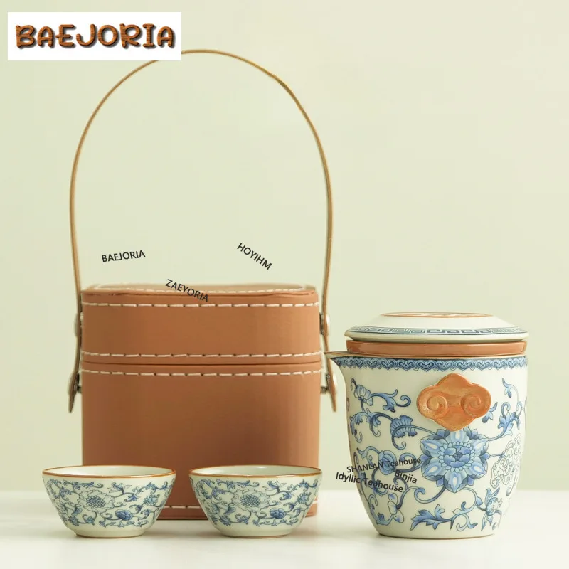 BAEJORIA Ru Kiln Riches And Honour Vine Travel Tea Set Kit Japanese 1 Pot 2 Cups Tea Maker Organizer Portable Camping Handbag