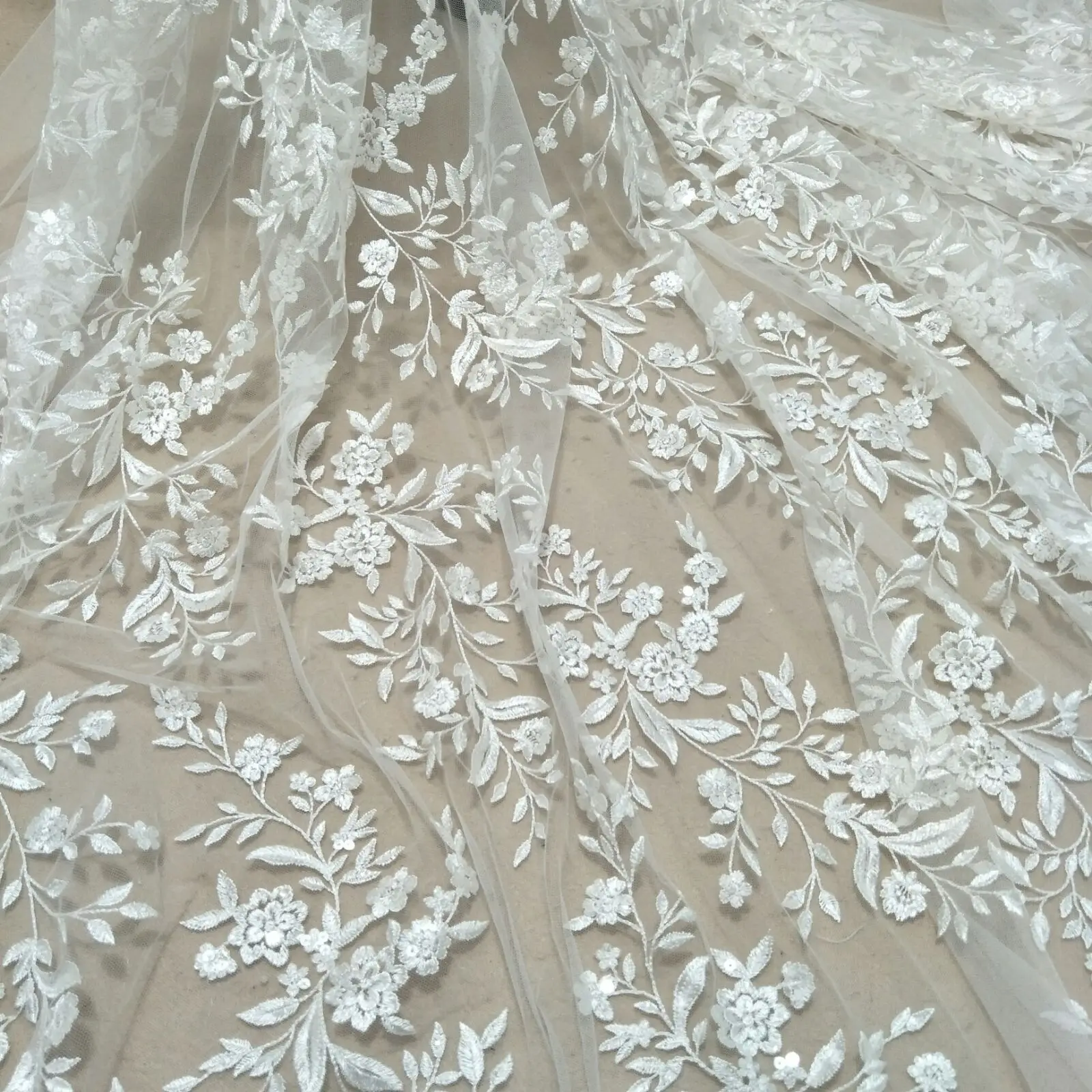 Fashion cute lace flower leafs lace fabric 130cm width bridal lace with sequins sell by yard