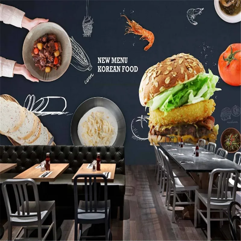 

Custom Western Fast Food Restaurant Background Wall Mural Wallpaper 3D Snack Bar Hamburger Pizza fries Wall Paper 3D Burgers