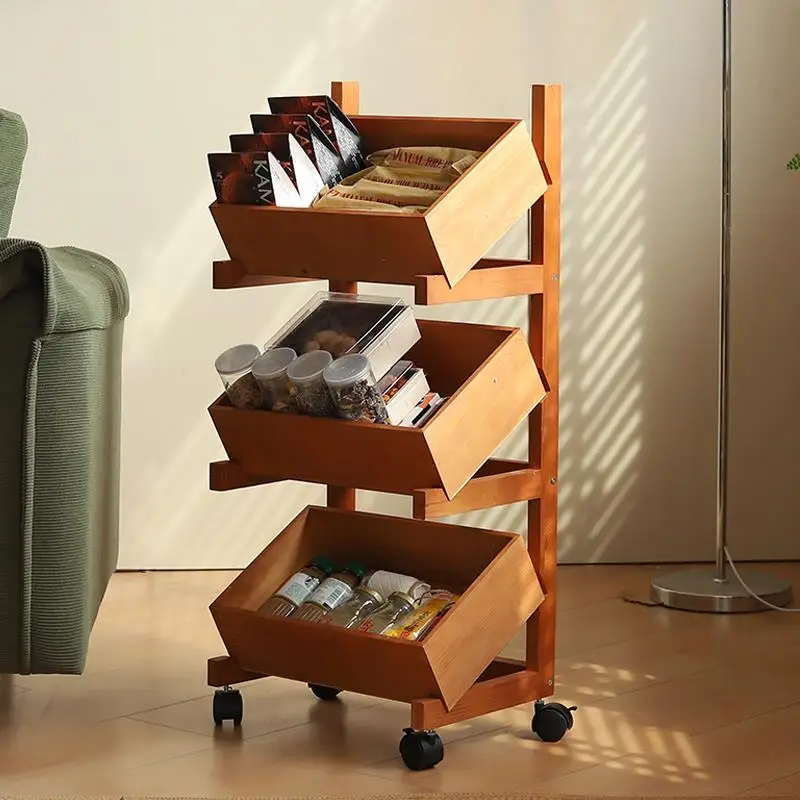 

Solid wood cart rack Living room fruit snack display rack Kitchen vegetable storage Movable multi-grid display rack