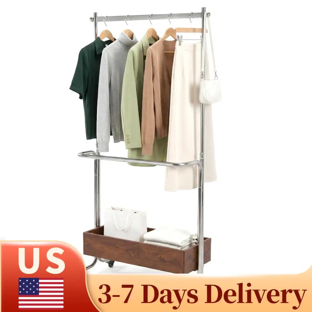 

Напольная вешалка для одежды с деревянным ящиком для хранения, двухстоечная, для одежды, сумок и головных уборов