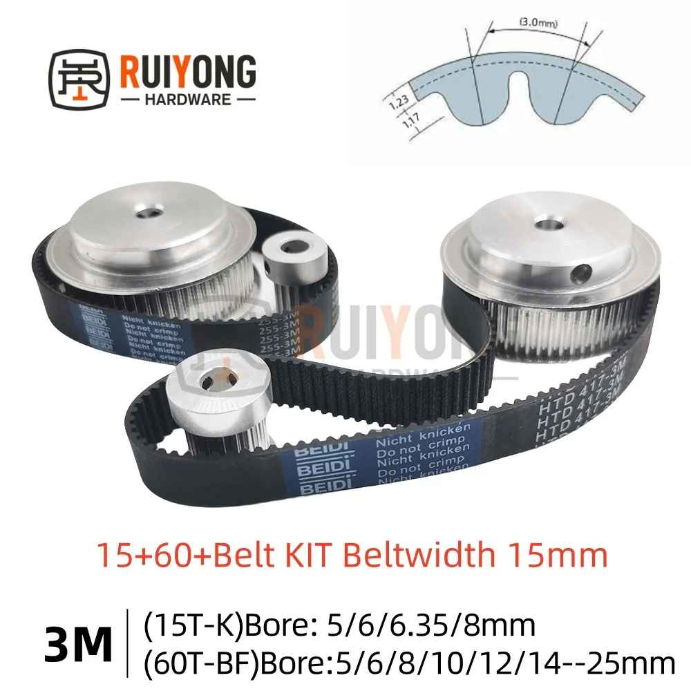 HTD3M Timing Pulley Set Reduction Ratio Transmission Component 15T 60 Teeth Belt Width 15mm Bore 5--25mm Belt Kit