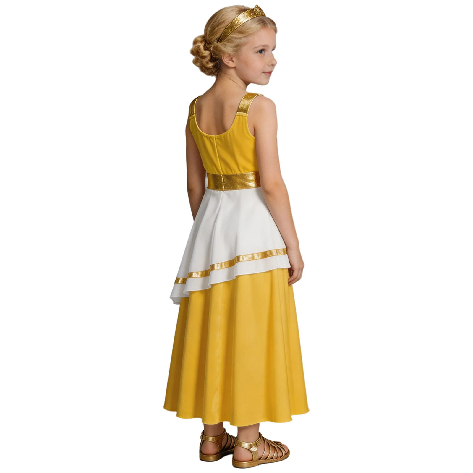 Kids Girls Ancient Greek Costume Greece Roman Toga Robe Sleeveless Metallic Trim Greek Princess Dress Halloween Athena Costume