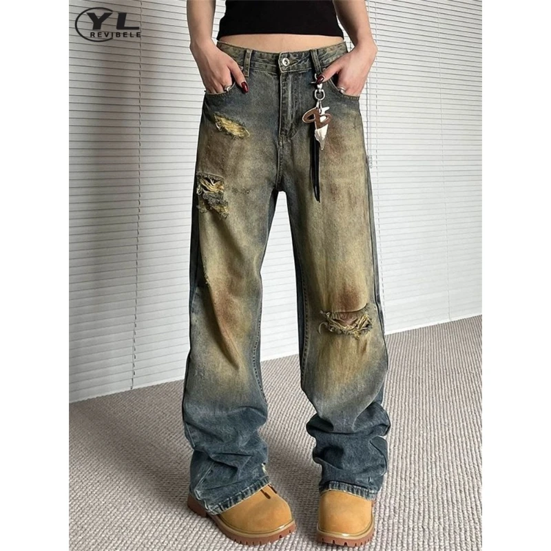 

Vintage High Street Yellow Mud Wash Jeans Men Women Baggy Hip Hop Hole Straight Denim Pants Gothic Casual Wide Leg Trousers 2024