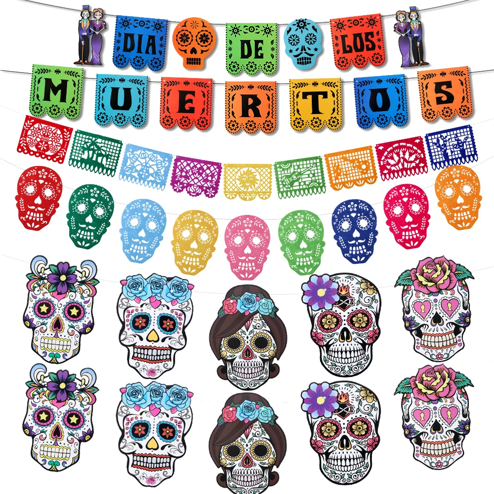 Fiesta Mexico Day of The Dead Theme Skull Banner Multicolor Mexican Photography Backdrop with Photo Booth Props Party Decoration