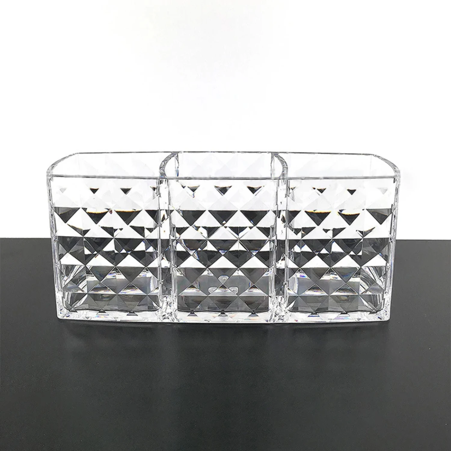 Estante para lápices de cejas y brochas de maquillaje, tres compartimentos, caja transparente de gran capacidad, portalápices de papelería