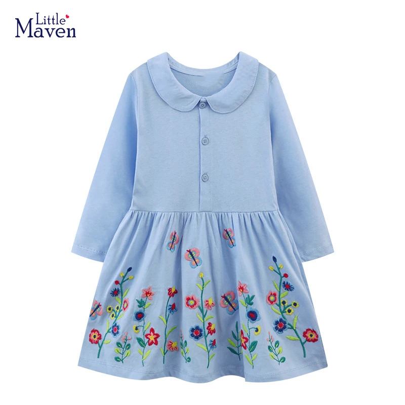 Little maven 2024 Spring kids Clothes Peter Pan Collar Baby Girls Long Sleeves Blue Flowers Princess Dress Cotton  Costume