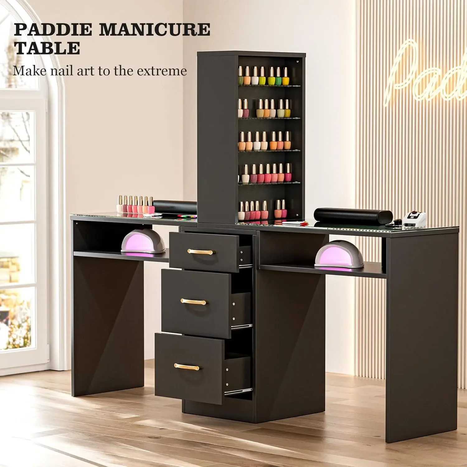 Table de manucure, bureau à ongles pour module d'ongles avec dessus en verre et assistance-poignet, station de travail de beauté des ongles avec 3 compartiments de rangement