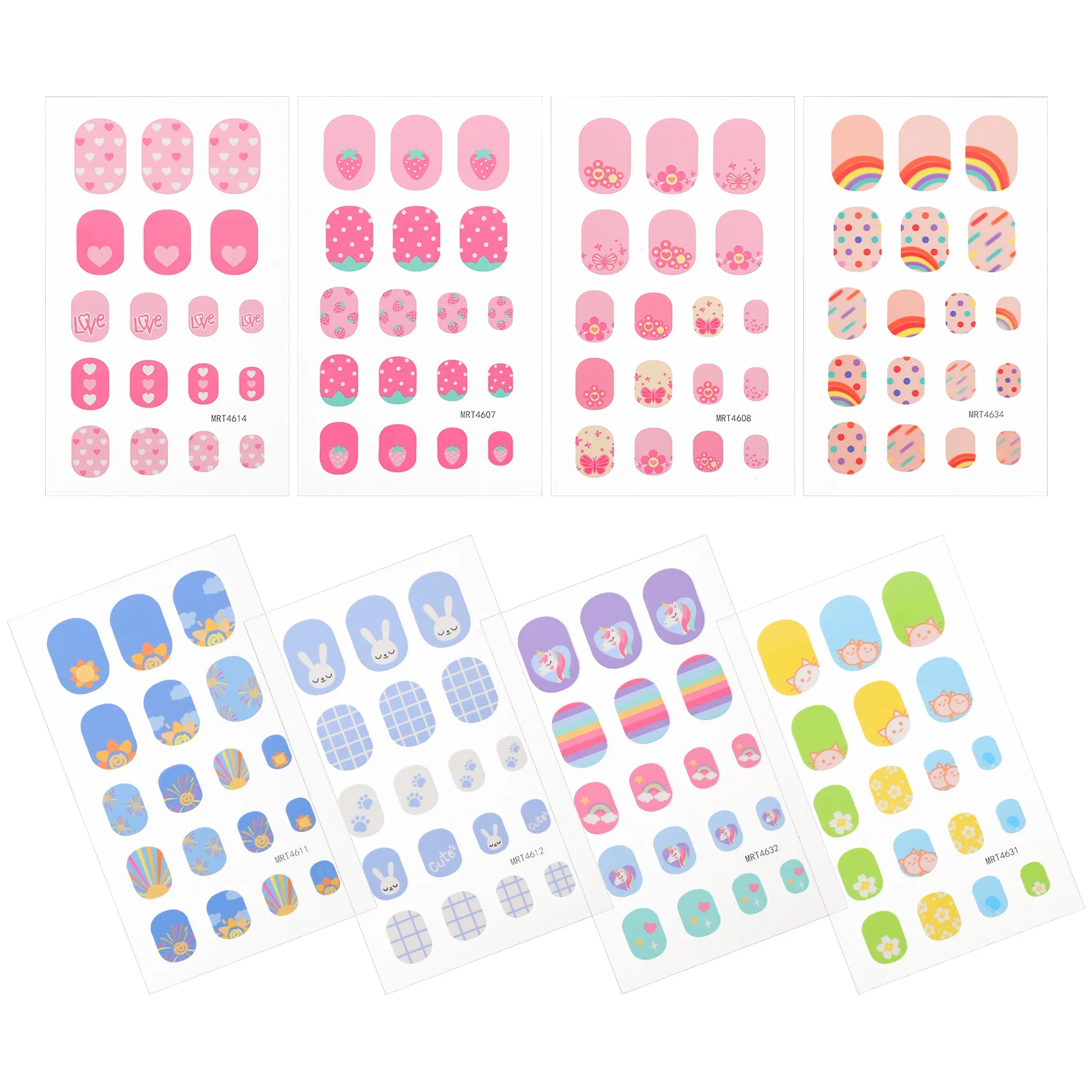 8 folhas adesivos 12 designs unhas de desenho animado diversão segura para crianças unhas falsas pontas de unhas kit de decoração