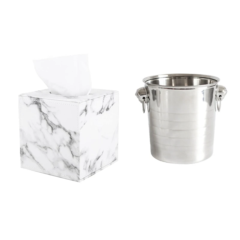 

1 Pcs Marble Square Square Tissue Box PU Leather Roll Paper Holder & 1 Pcs Stainless Steel Ice Punch Bucket Container 3L