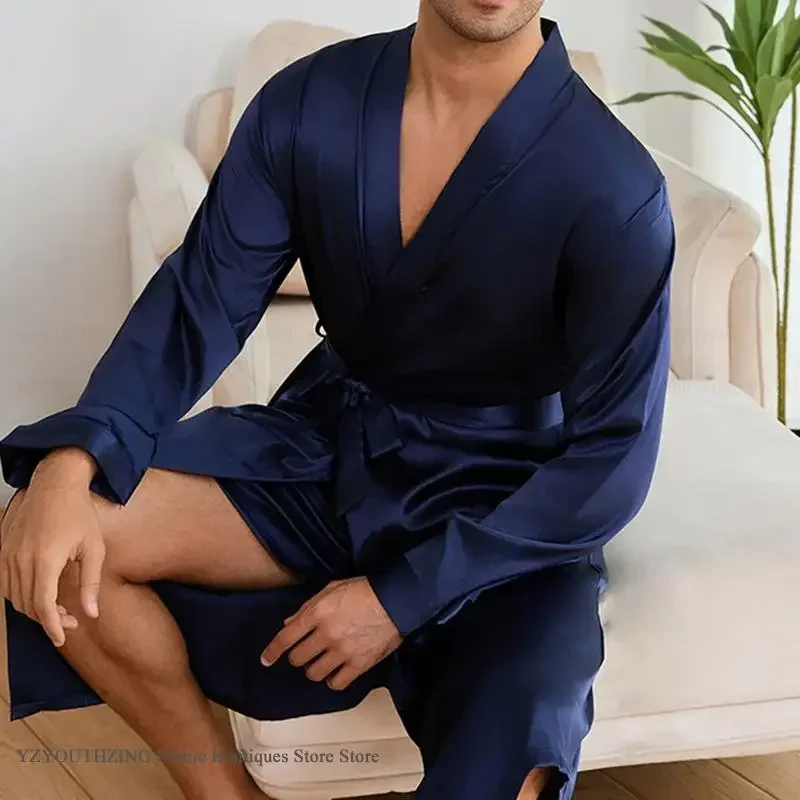 

Мужской длинный халат, короткий пижамный комплект, весенне-летняя одежда для сна, свободное повседневное кимоно, халат, шелковистое атласное домашнее платье, одежда для дома