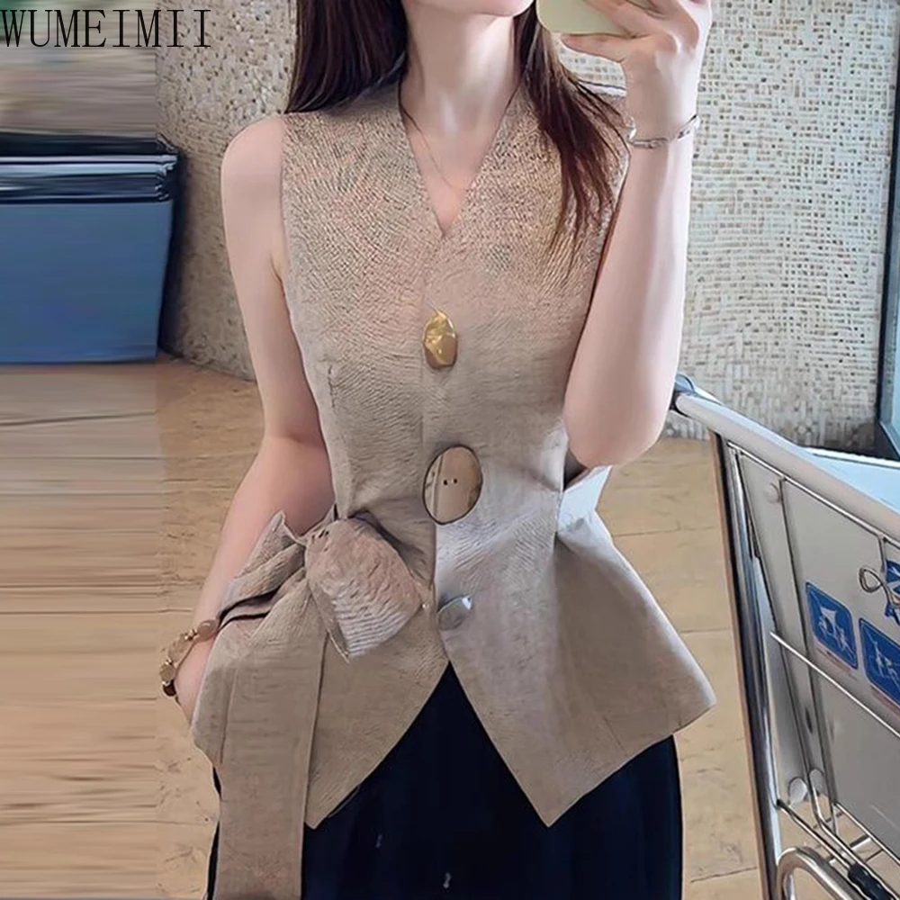 French light luxury old money style V-neck strap waist pinched sleeveless vest women's summer new waist thin top