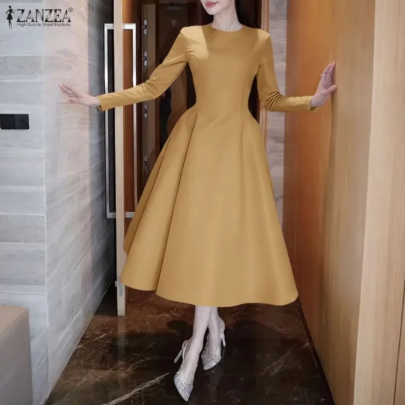 Zanzea elegante vestidos de festa feminino manga longa cetim a linha vestidos 2026 moda o pescoço sólido casamento maxi robe streetwear 3xl