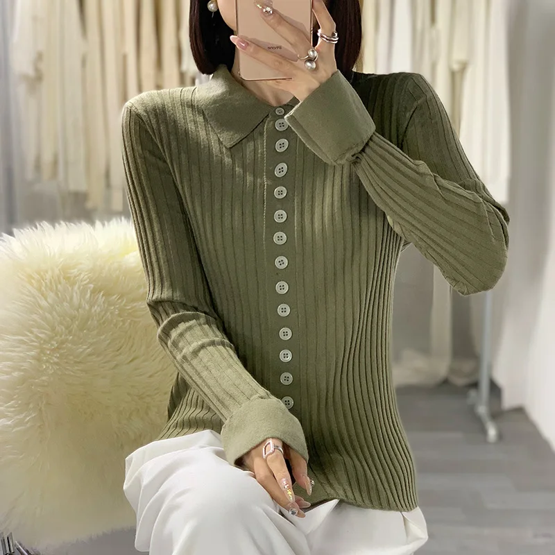 Women\'s Cardigan Autumn/Winter 100% Wool Sweater Casual Solid Color Knitted Sweater POLO Neck Tops All-match Basic Slim Blouse