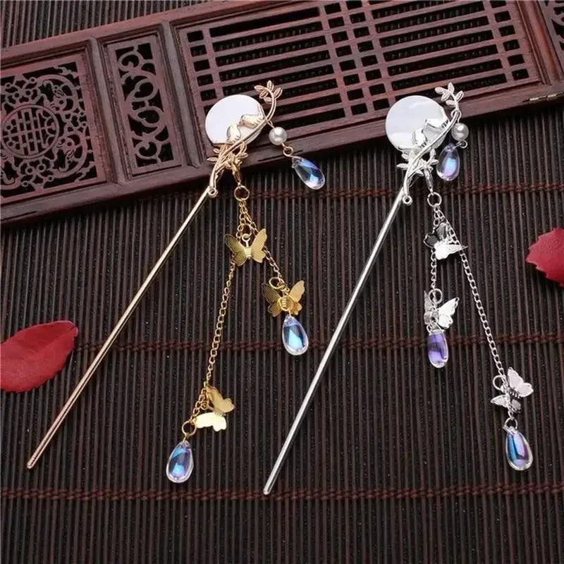 Vintage Tassel Hair Accessories Chinese Traditional Classic Pearl Tassel Butterfly Stick Straight Board Hair Clip Hanfu Jewelry