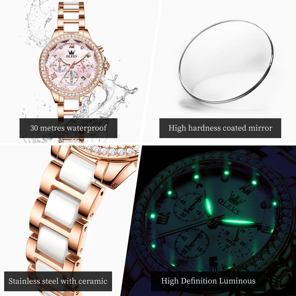 OLEVS 9999 Zegarek Damski Luksusowy Rombowy Lustrzany Kwarcowy Zegarek Damski Ceramiczny Stalowy Pasek Chronograf Data Wodoodporny Zegarek Na Rękę