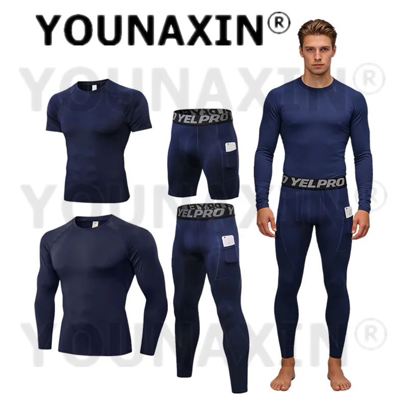 メンズ-コンプレッション-スポーツ-トップ-パンツ-シングルピース-速乾-ポケットデザイン-ネイビーブルー-ジム-フィットネス-ランニング用-s-m-l-xl-2xl-younaxin