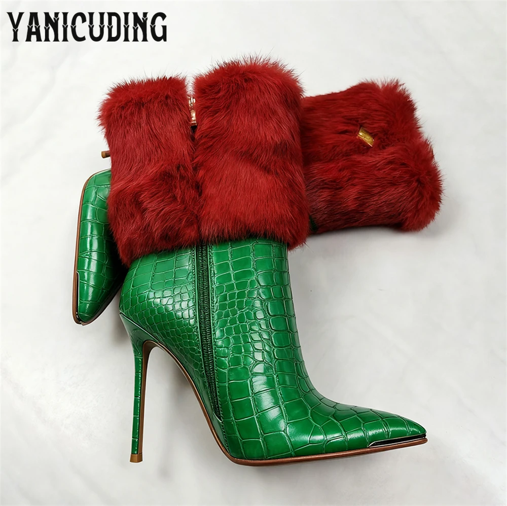 

Faux Animal Print Leather Fur Boots Pointed Toe Stiletto Ankle Boots Multi-color Handmade Booties Fashion Luxurious Furry Boots