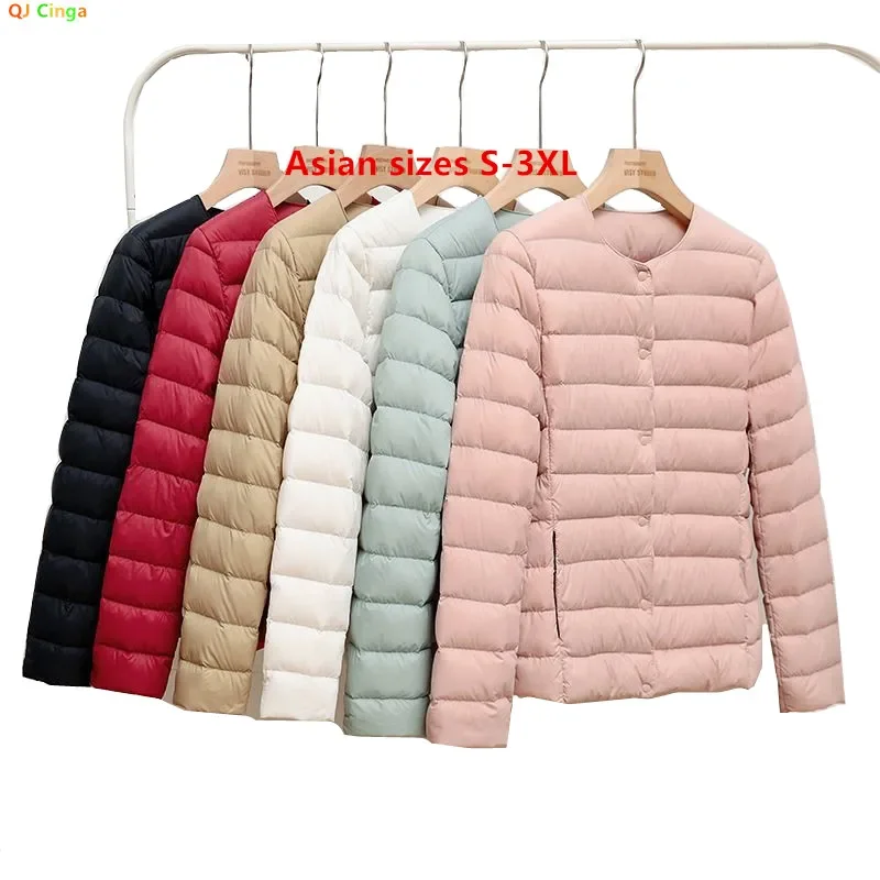 Winter Red Light/Thin Women's Round Neck Long Sleeve Jacket, White Blue Gray Khaki Available, Asian Size S-3XL Female Coat