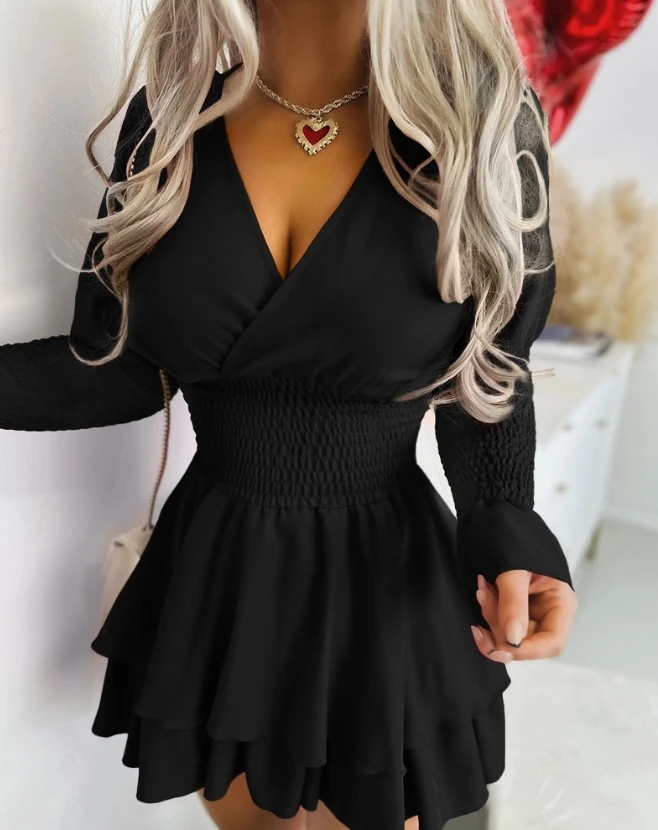 Fashion 2024 Women's Dress Elegant Bell Sleeve Shirred Layered Ruffles Casual  V-Neck Long Sleeve Dress High Waisted Mini Dress