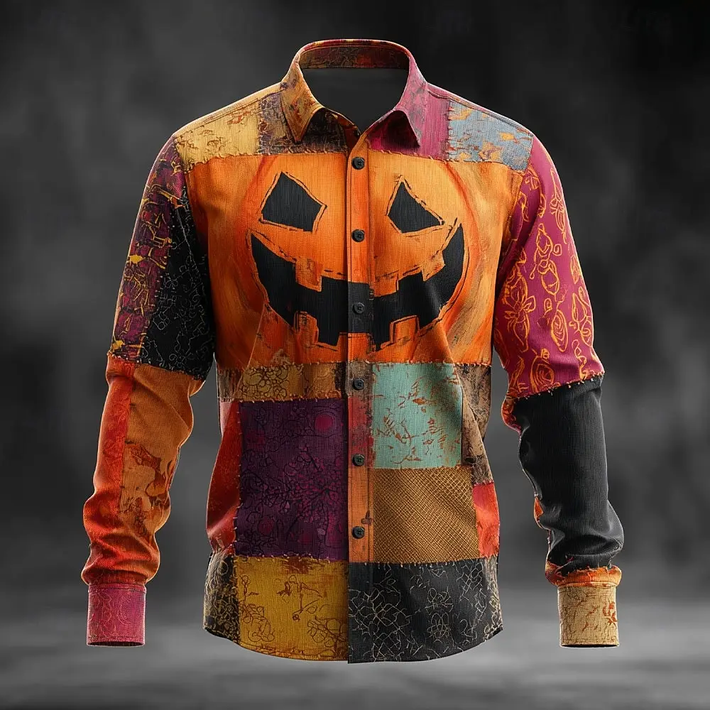 

Men's Color Block Shirt Halloween Costumes Button Up Shirt Long Sleeve Casual Outdoor Vacation Fall 3D Print Collared Shirts