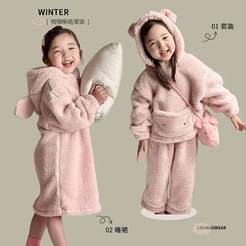 

Двусторонний флисовый пижамный комплект для девочек, осенне-зимняя однотонная домашняя одежда с капюшоном, удобная домашняя одежда, модная детская одежда