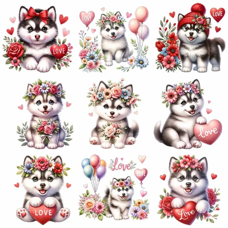 Cute Husky Valentine's Day Heart Love Iron On Heat Transfer Sticker For Clothes Pinted Vinyl Thermal Washable T-Shirt Appliques