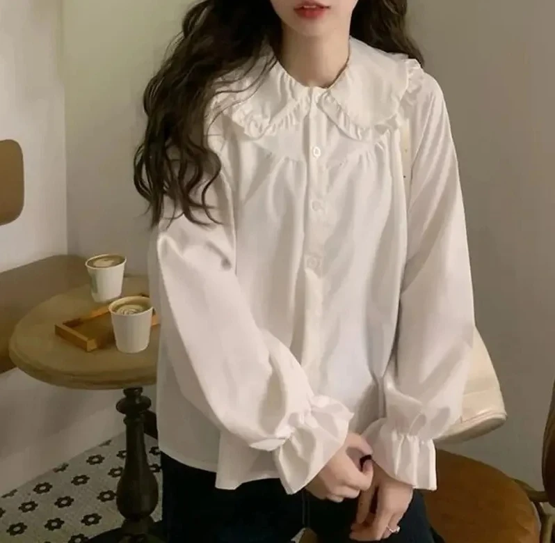 

Vintage Women White Shirtreppy Style Fashion Elegant Female Long Sleeve Blouse