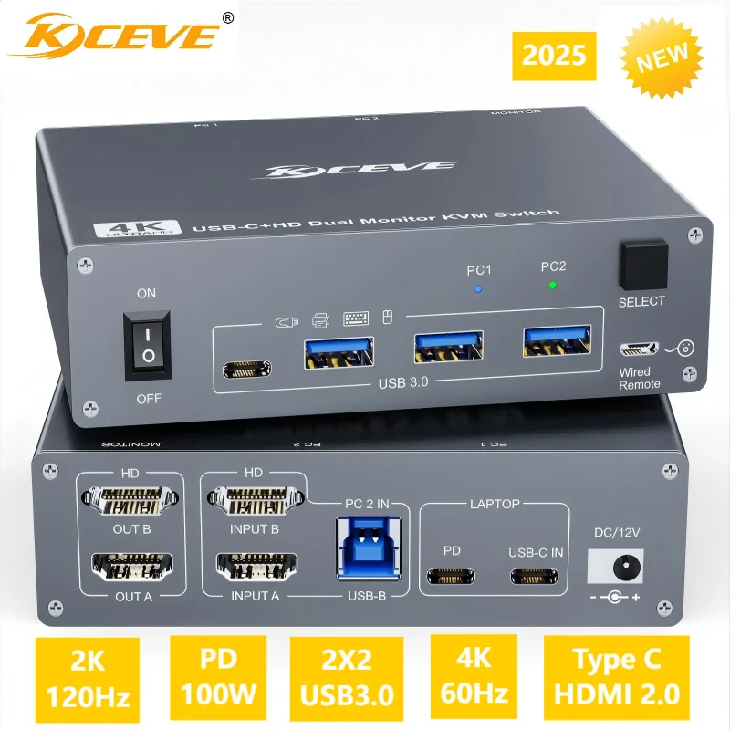 KCEVE USB3.0 USB-C HDMI KVM Switch 4K@60Hz Dual Monitor Type C KVM Switch 1 Laptop 1 Computer 2 Monitor for Macbook 2PC Original