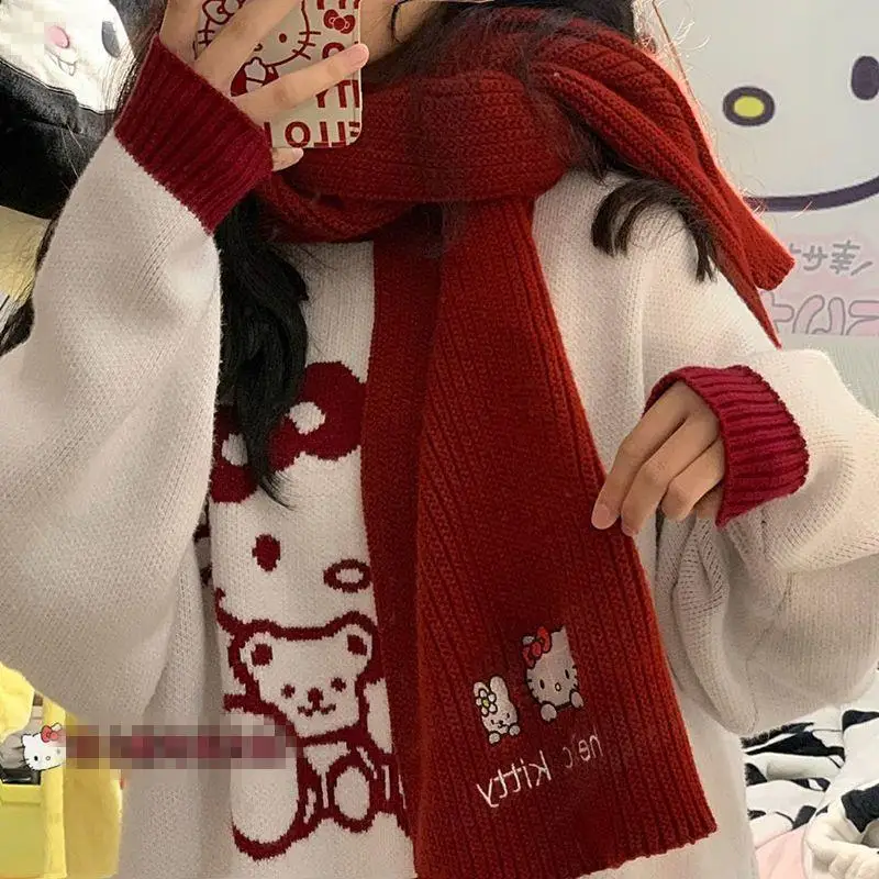 Sanrios Hellokittys Cartoon Cute Winter Red Scarf Versatile Student Anime Kawaii Sweet Embroidery Warm Neck Protector for Girls