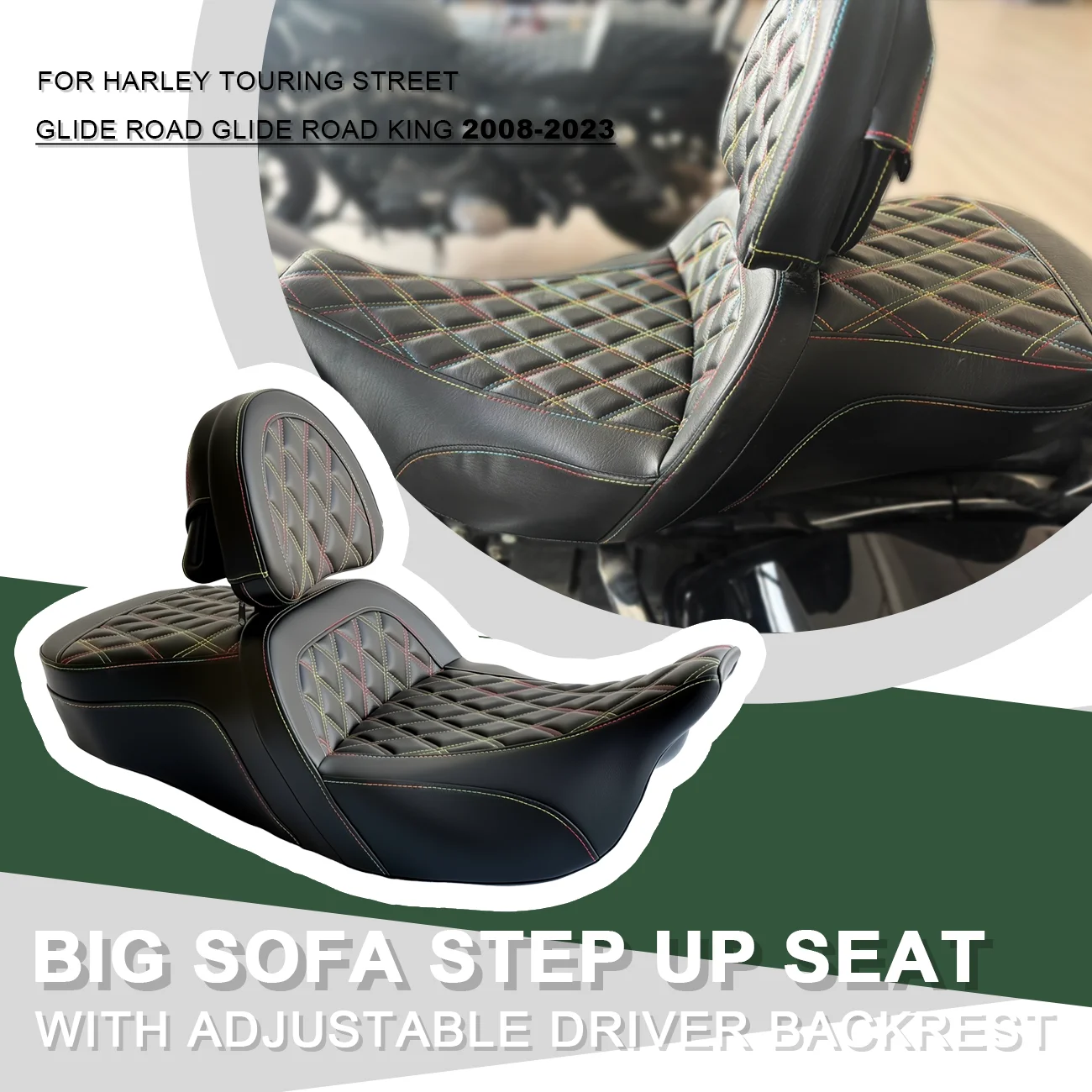 

Motorcycle Rainbow Stitch Step Up Big Sofa Seat Dual Gel Inside Cushion With Adjustable Driver Backrest For Harley Touring 08-23