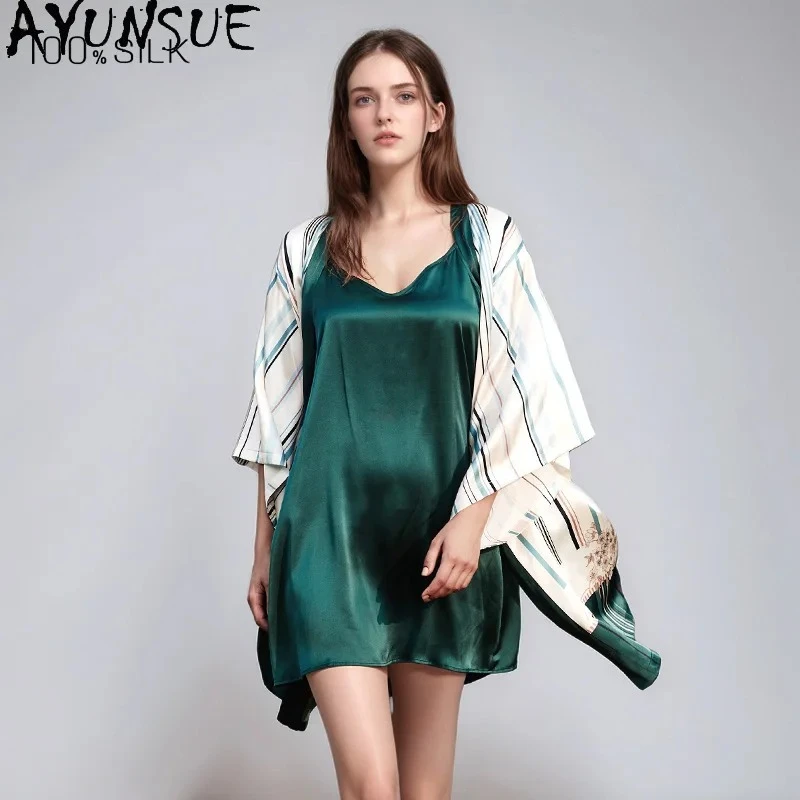 AYUNSUE 100% Mulberry Silk Robes for Women 19MM Silk 2026 Spring Summer Sleepwear Night Dress Women Пижама Женская Pajamas