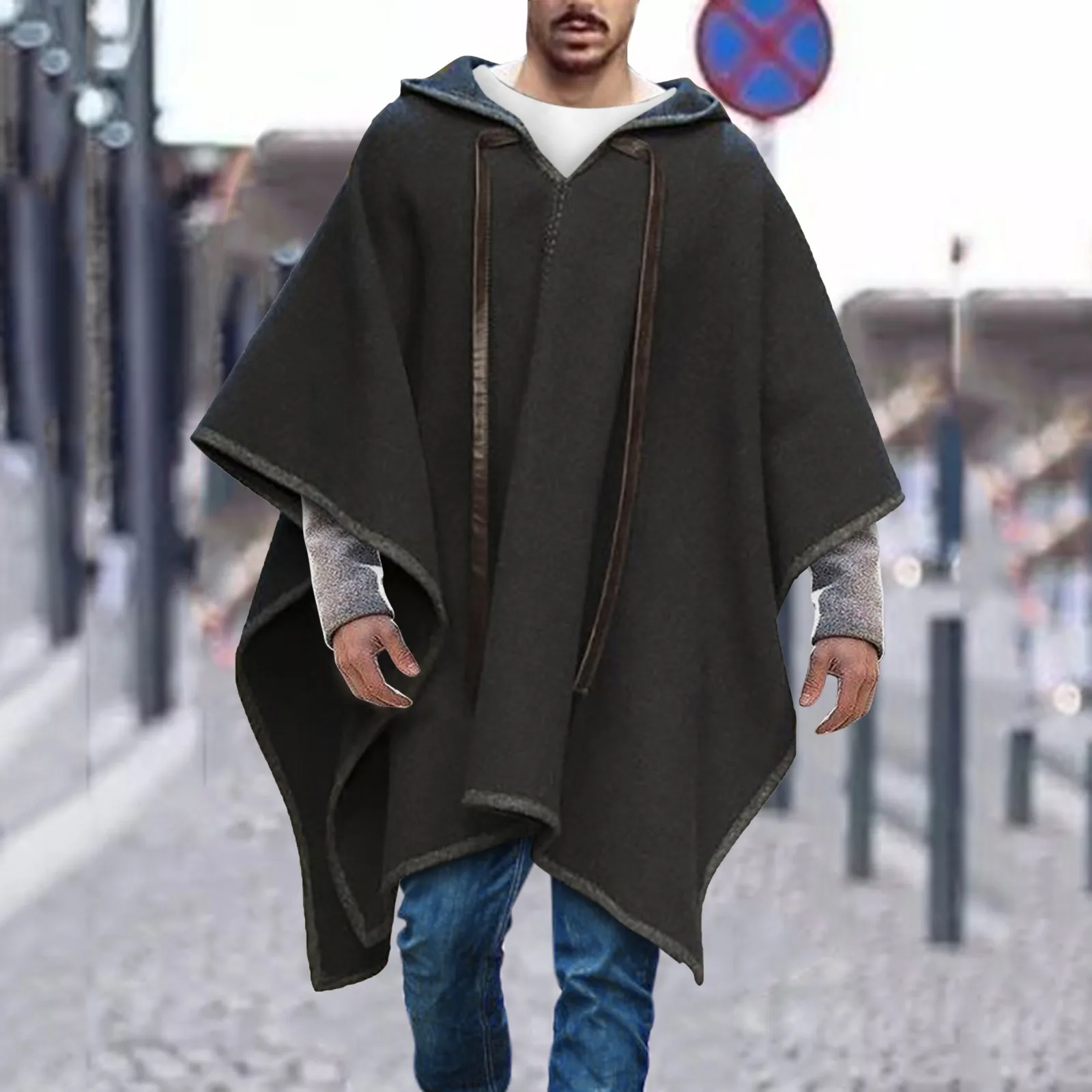 Men's Hoodie Trendy Male Coat Cape Coat Men Jacket Batwing Sleeve Geometric Pattern Drawstring Shawl Coat Drawstring