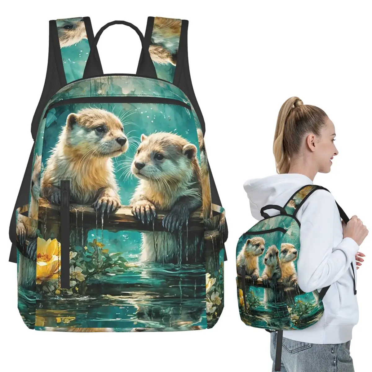

Otter In Water Pond Oil Painting Backpack Student BookBag Kids School Bag Laptop Shoulder Bags Men Women