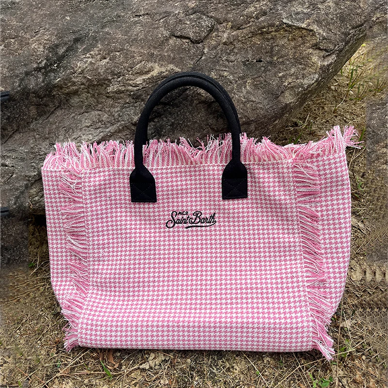 New Fashion Street Tote Bag Luxury Woman Tassel Handbag Cotton Linen Houndstooth Stripe Pink Beach Bag High Capacity Shopper Bag