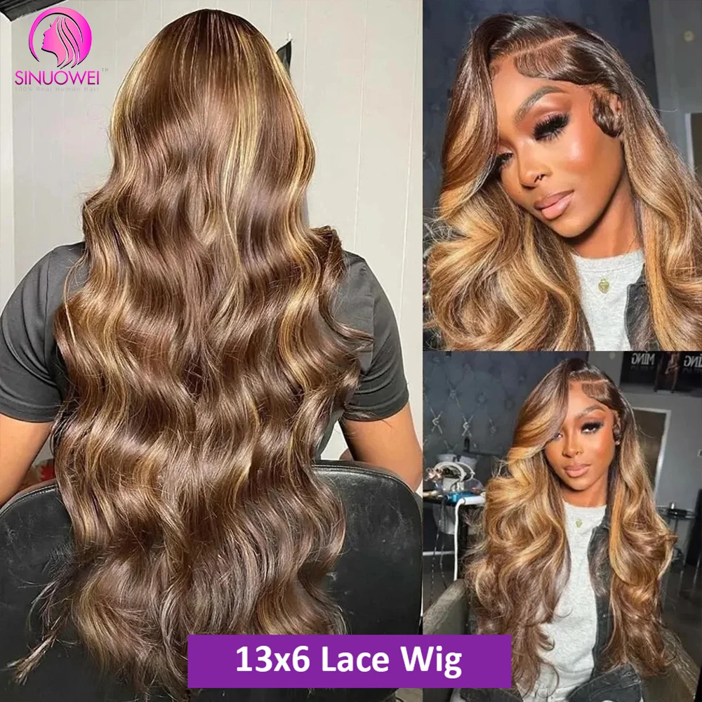 180% Colored Highlight Body Wave 13x6 Lace Front Human Hair Wigs 32 34 Inch Honey Blonde Water Wave Frontal Wig Extensions image 6