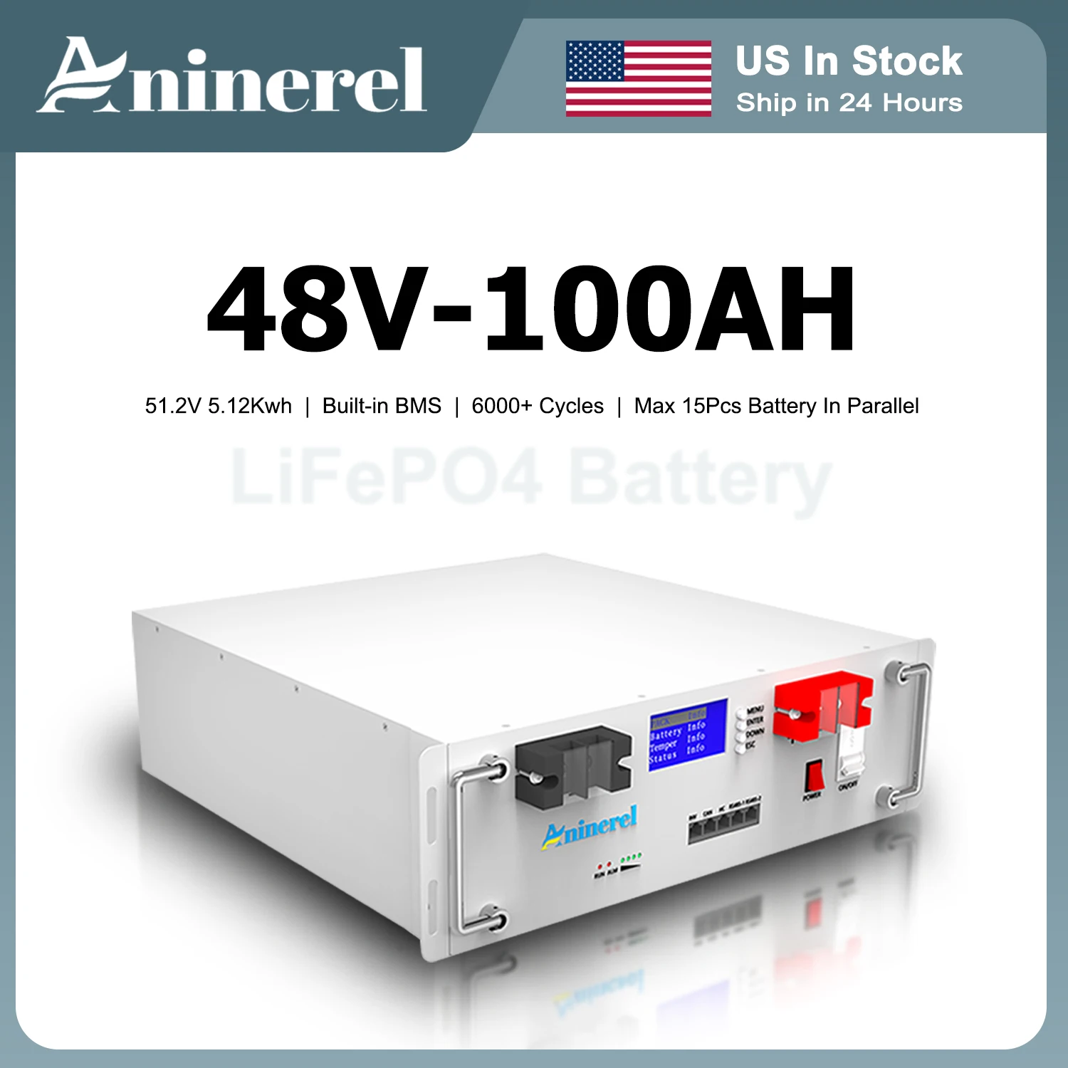 Aninerel 48V 100AH LiFePO4 Battery 5.12Kwh Bluetooth Rack-mounted Solar Stoage Battery Built-in BMS 6000+ Cycles For Inverter, Rv, Solar Energy US In Stock