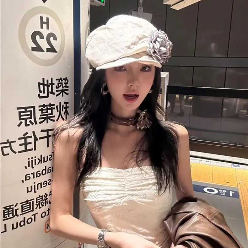 

Breathable Linen Flower Pleated Newspaper Children's Hats Thin Literary Big Waist Small Berets Boinas Czapki 4m781