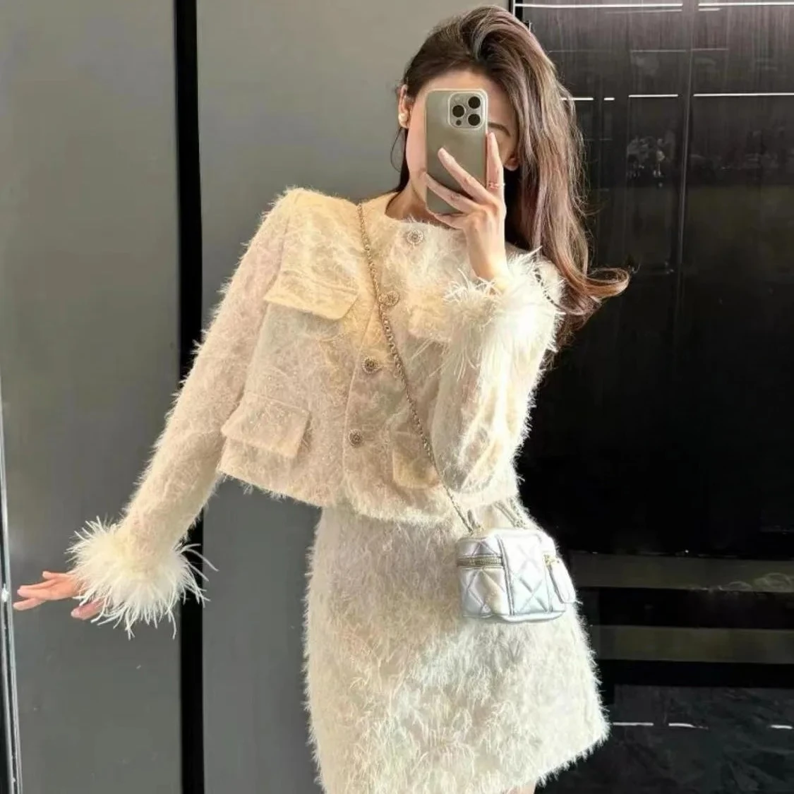 

Весенне-осенняя одежда Комплект из 2 предметов Элегантная куртка с пышными рукавами Хип-юбка Модная офисная женская одежда Полный комплект