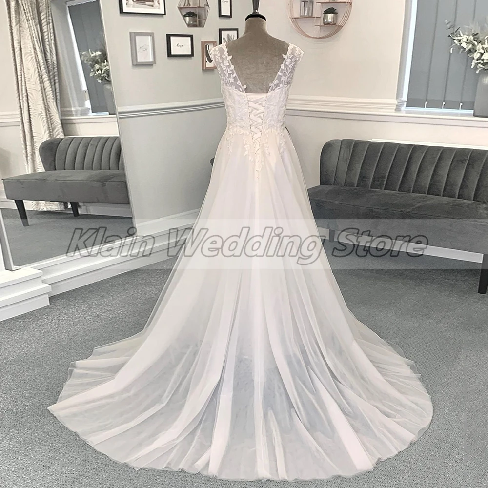 Real Pictures Wedding Dress 2024 A Line Civil Appliques Bridal Gowns Tulle Sleeveless Vestido De Novia Court Train Lace Up Back