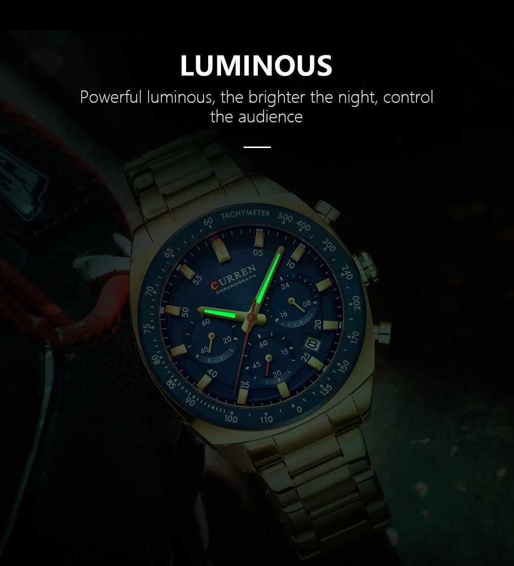 Luxuriöse CURREN Marken-Herren-Chronographenuhr mit Edelstahlarmband, Leuchtzeigern, Datumsanzeige, Wasserdicht, Quarz-Uhrwerk, Relógio – Detail 8