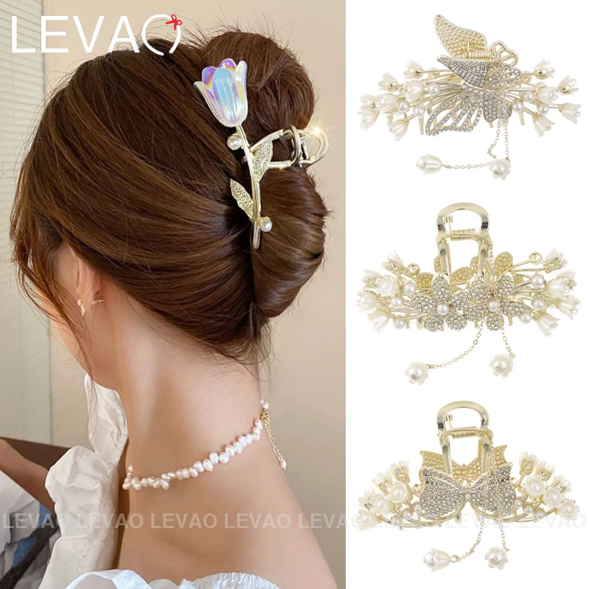 Elegant Tulip Flower Hair Clip Rhinestone Pearl Claw Clip Headband Ponytail Shark Clip Barrette Fashion Women\'s Hair Accessories